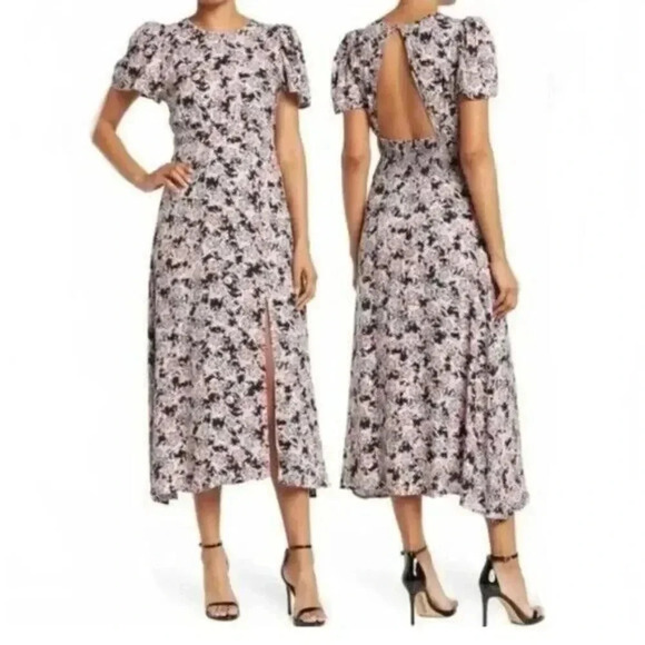 AFRM Jamie Ditzy Floral Midi Dress Slit Puff Sleeves Cottage Open Back Size M - Picture 1 of 12